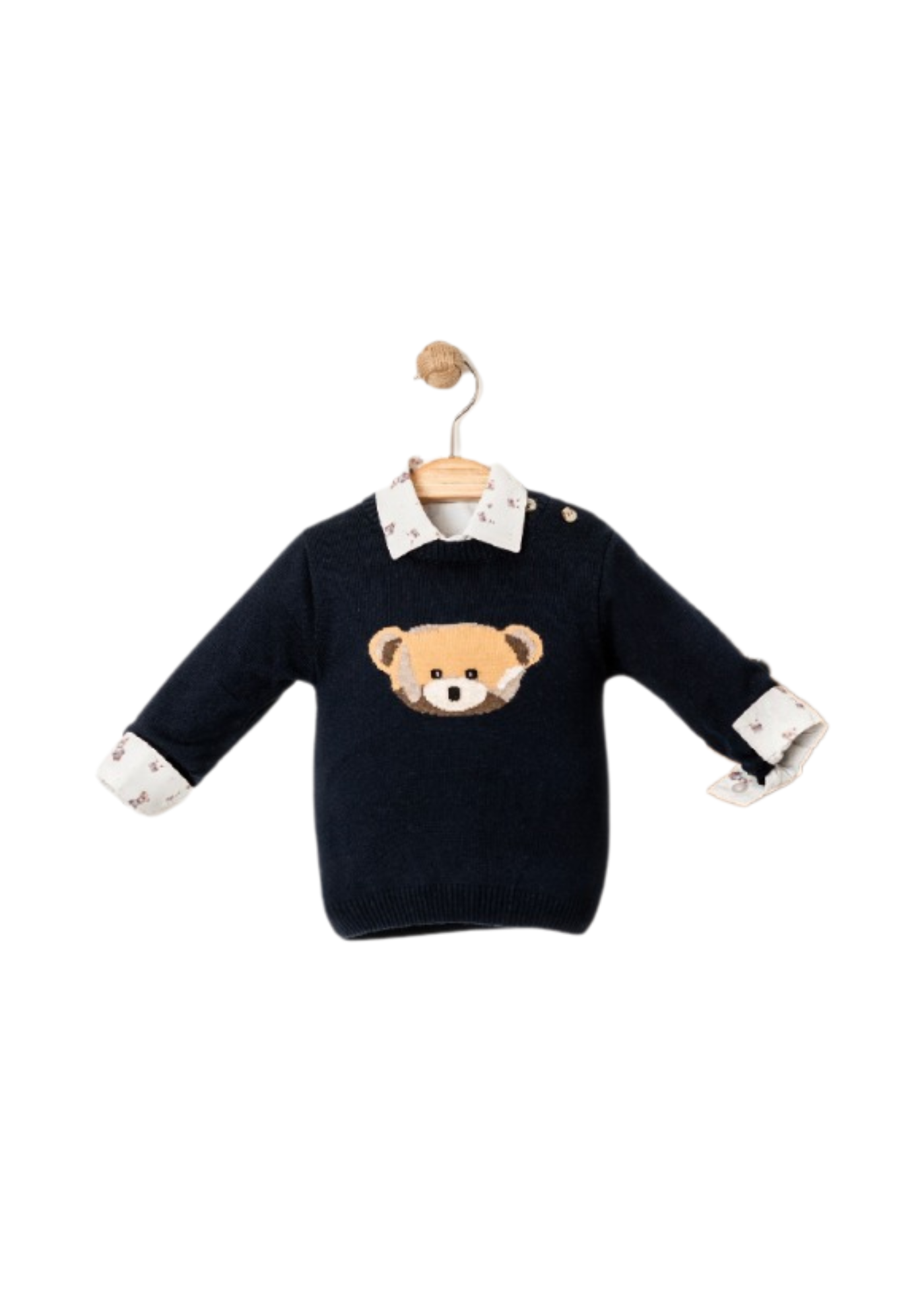 Set 3 Piese Pulover Bleumarin cu Urs Camasa Alba Imprimeu Ursi si Pantaloni Lungi Bej 15055 Bebus