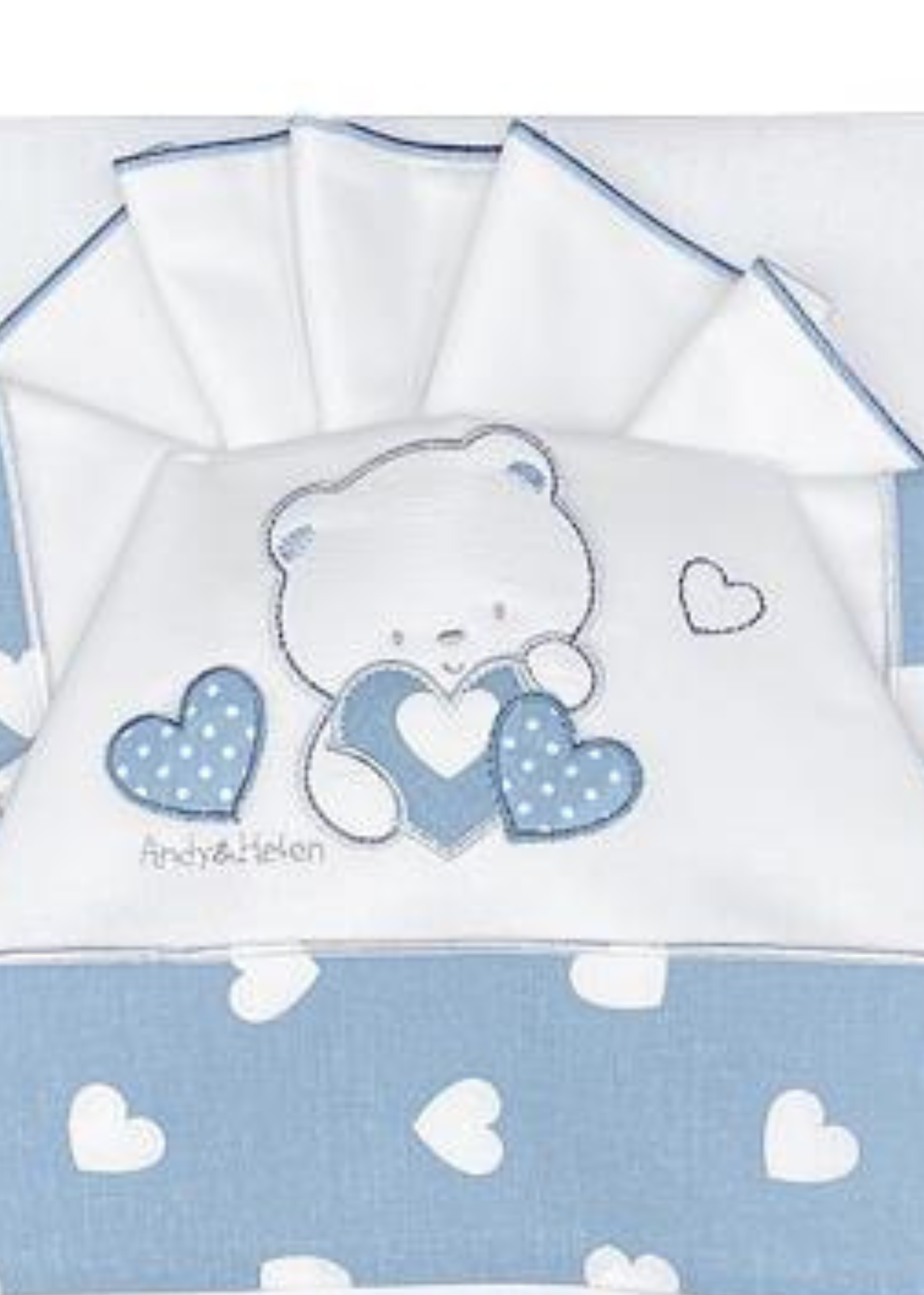 Set Lenjerie Patut 3 Piese Alb-Bleu cu Ursulet si Inimioare D70 Andy&Helen