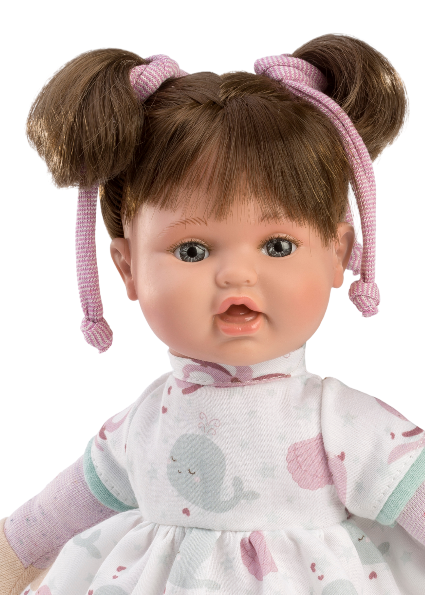 Papusa Mimi, 36 cm, Par Saten, Corp Textil cu Rochita Alba Imprimeu Floricele Roz 967 Guca Munecas