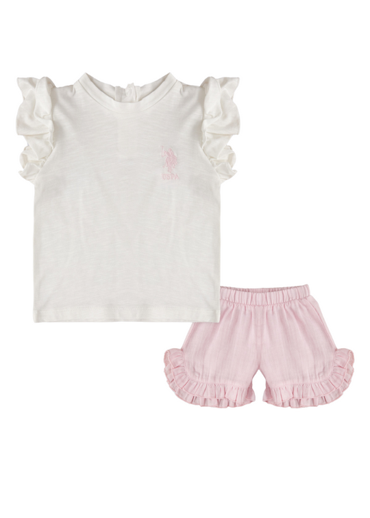 Set 2 Piese, Top Crem si Pantaloni Scurti Roz din Muselina 1982 V1 Us Polo Assn
