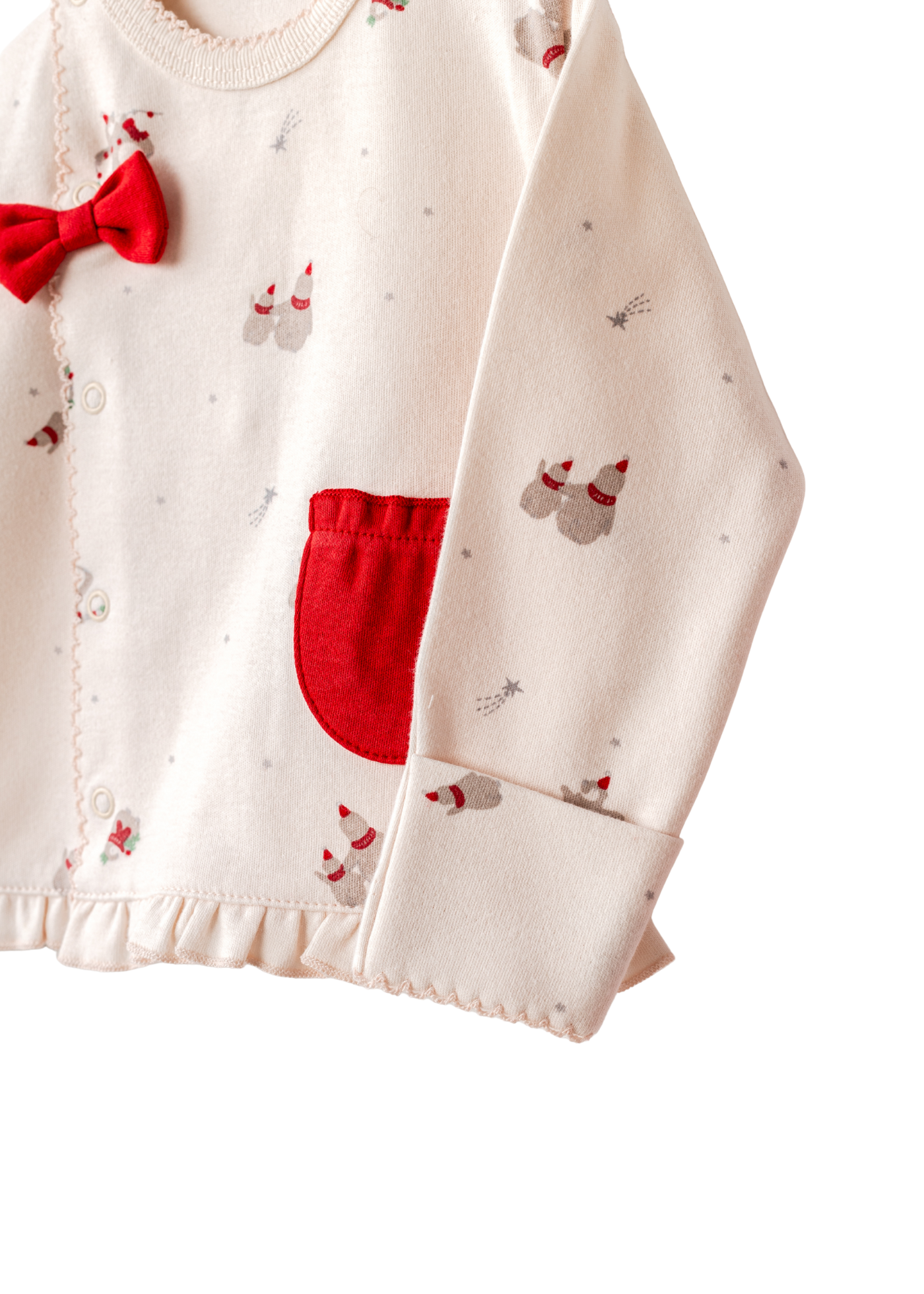 Set 2 Piese Bluza Crem cu Capse cu Imprimeu Pinguini si Pantaloni Lungi Rosii AC25345 Andywawa