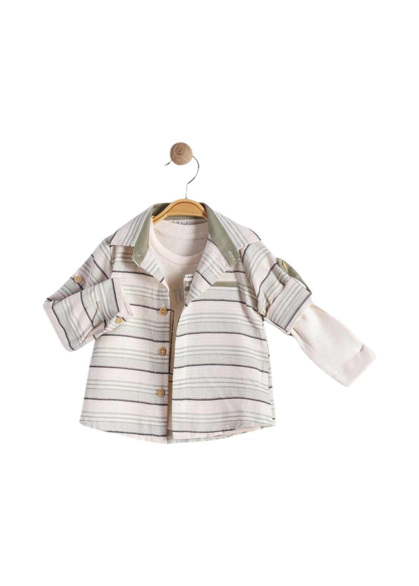 Set 3 Piese Camasa Crem Dungi Verzi Bluza Crem si Pantaloni Lungi Verzi 16617 Bebus