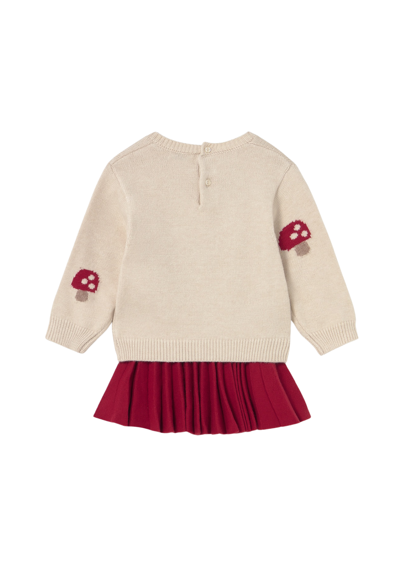 Set 2 Piese Tricotat Pulover Bej cu Ciuperci si Fusta Plisata Rosie 2925 Mayoral