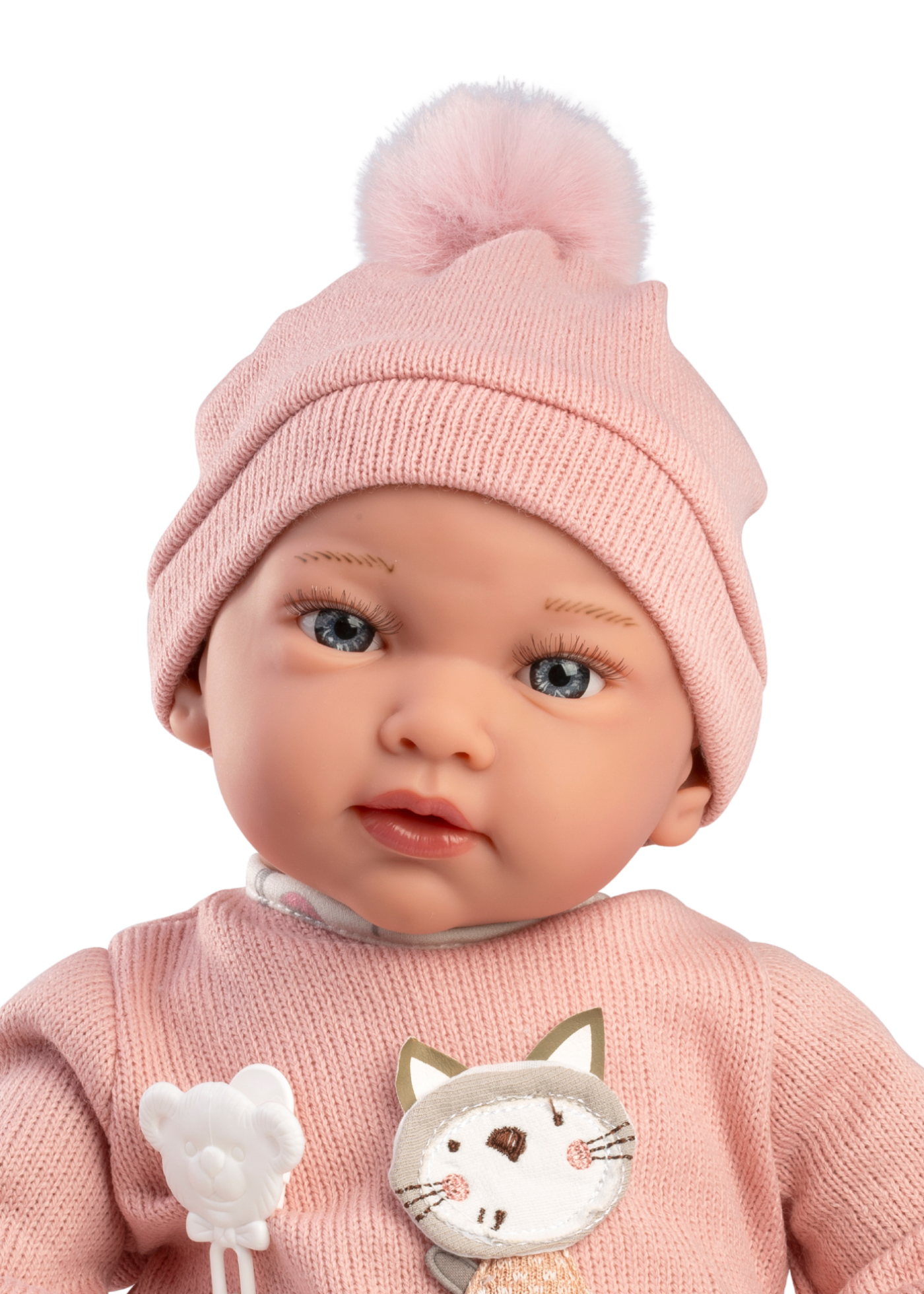 Papusa Ada, 42 cm, Fara Par, Corp Vinil+Textil cu Pantaloni Albi si Pulover Roz 10301 Guca Munecas