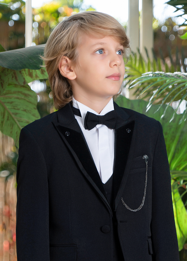 Costum Ceremonie 5 Piese Negru Sacou cu Rever Catifea 20358 Little Gentleman