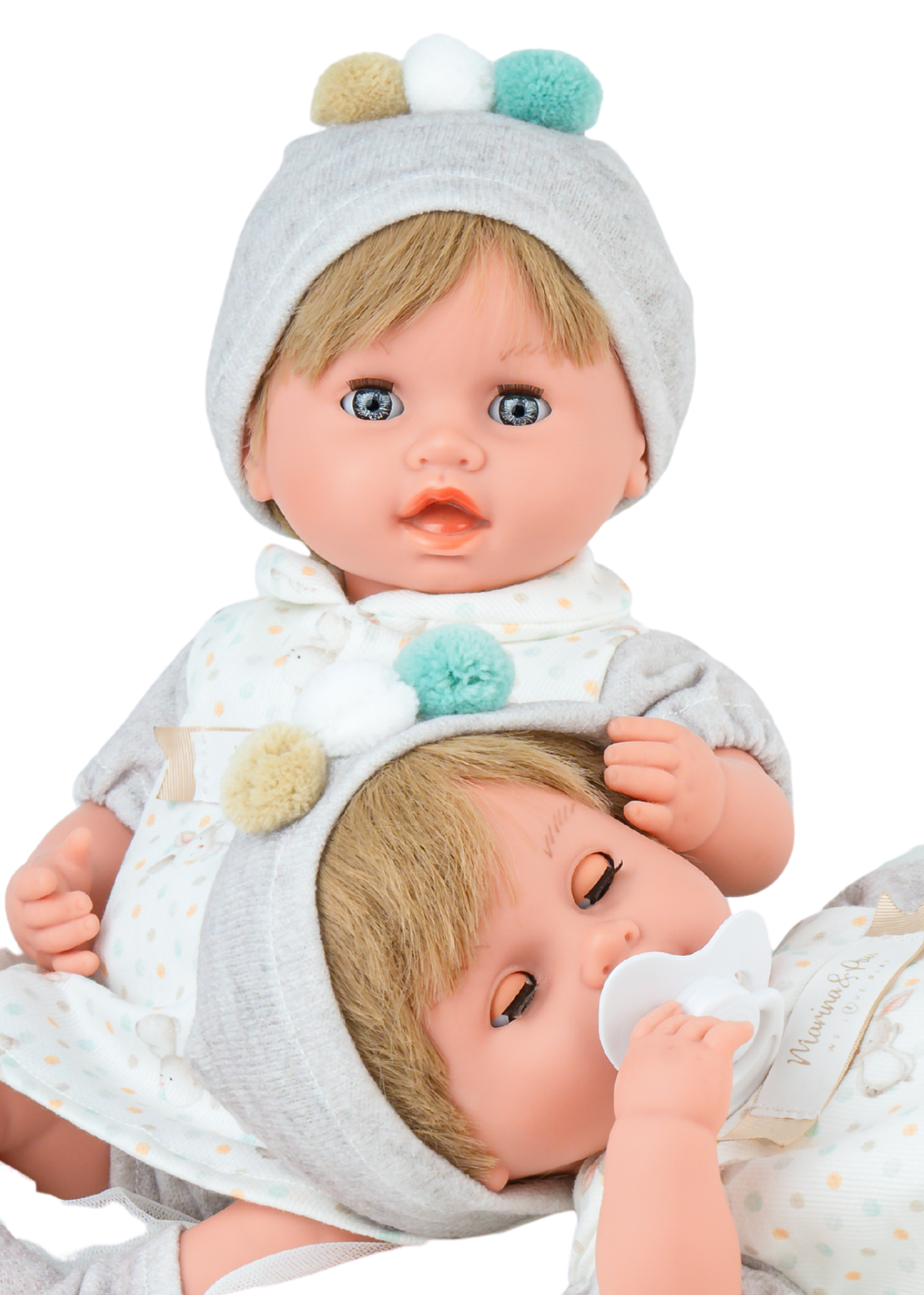 Reborn Gemeni 35 cm, Corp Moale, Fetita cu Rochie Imprimeu si Baietel cu Salopeta Imprimeu 3160 - Marina&Pau