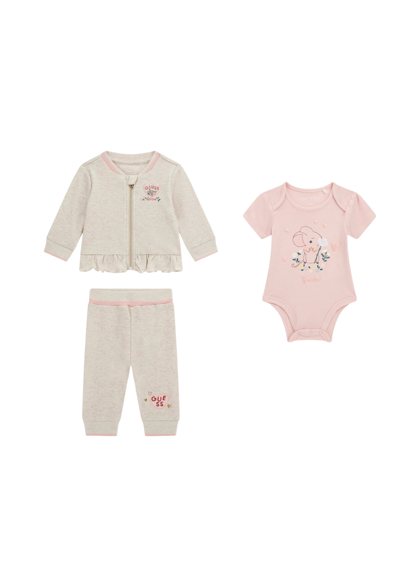 Trening 3 Piese Bluza si Pantaloni Bej si Body Roz cu Maneca Scurta S5YG05 K6YW4 G6R1 Guess