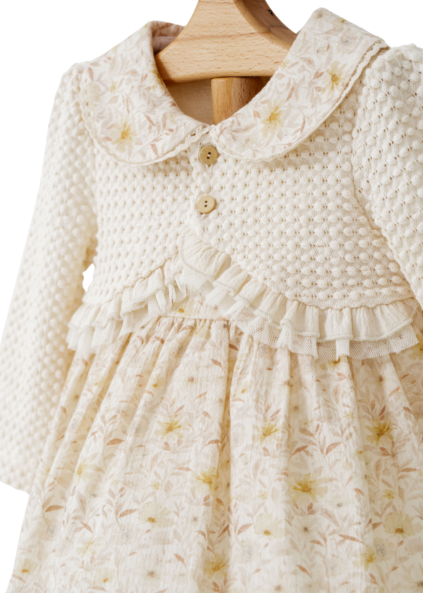 Rochie Bej Imprimeu Flori Galbene cu Design Tip Bolero Crem 4435 MyMio