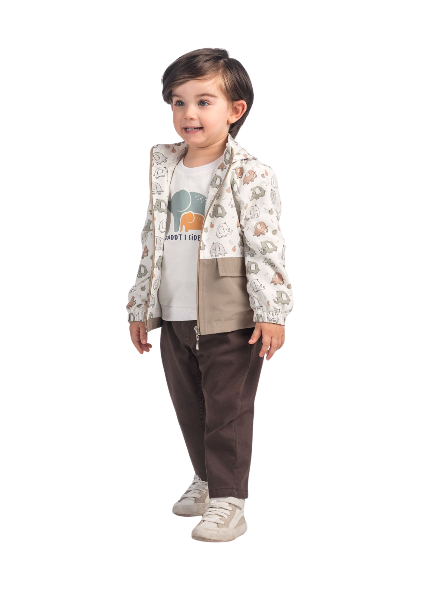 Set 3 Piese Geaca si Bluza Crem cu Verde Imprimeu Elefanti si Pantaloni Lungi Maro 16263 Bebus