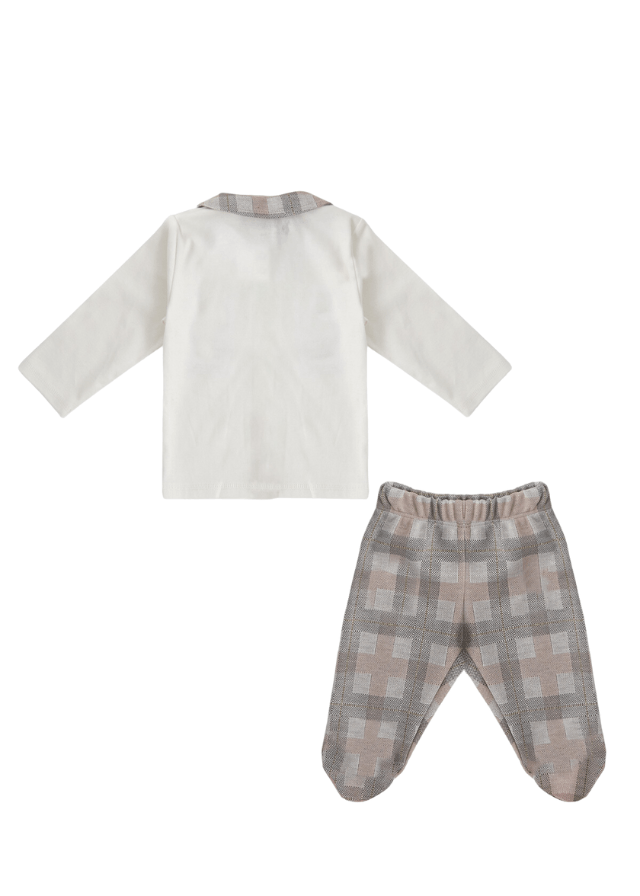 AnneBebe - Set 3 Piese pentru Fetite, Bluza Crem cu Guler, Pantaloni si Fes in Carouri Roz 1673 Us Polo Assn