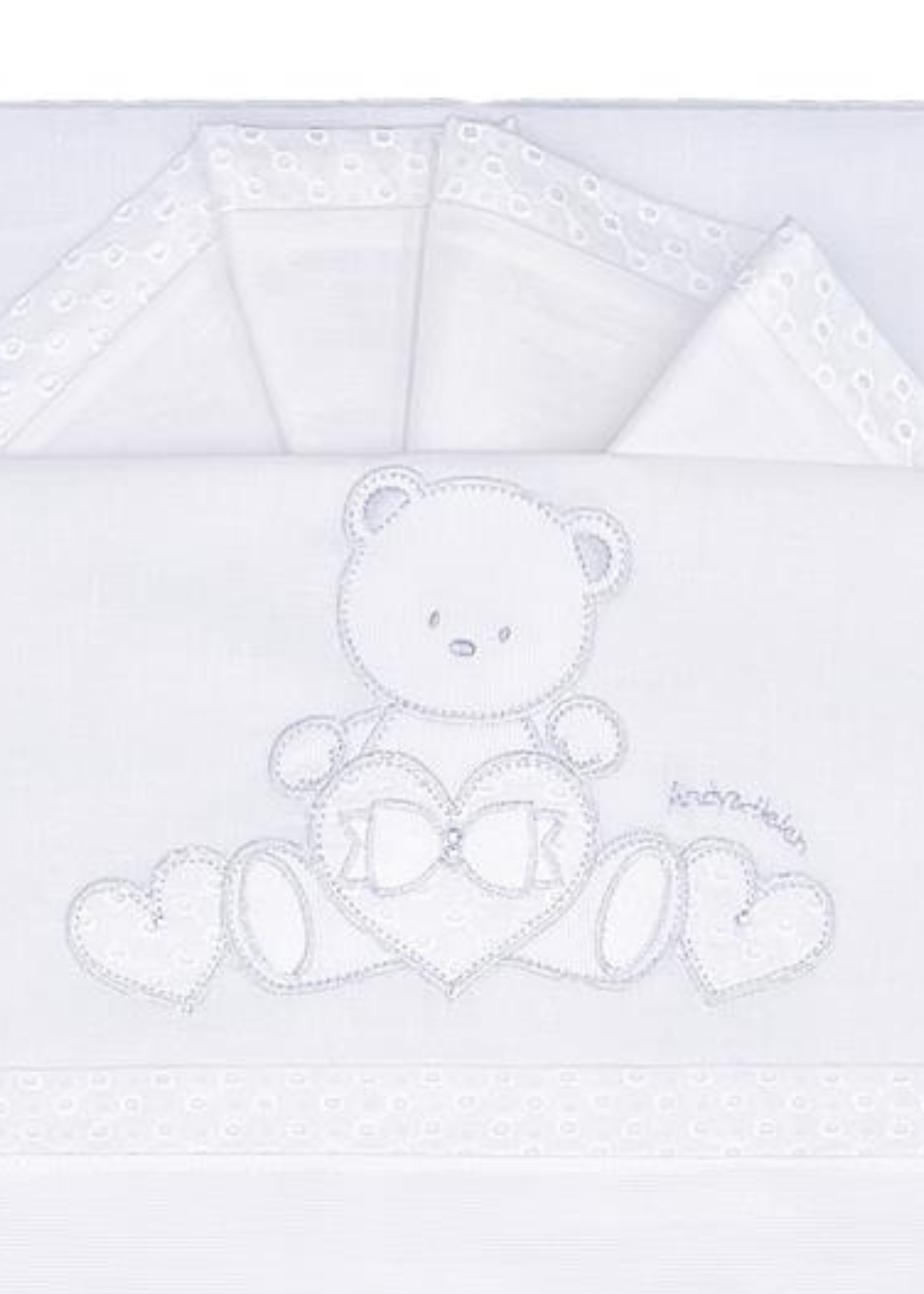 Aparatoare Patut Alba cu Ursulet si Funda cu Strasuri 180x45 cm – R31 Andy&Helen