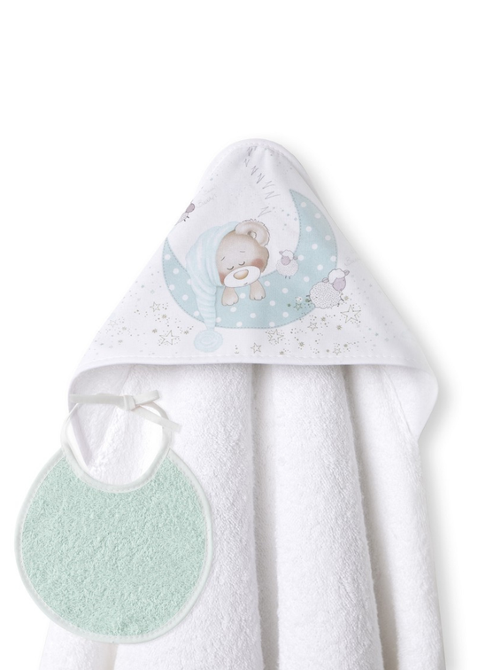Prosop cu Capison 100x100 cm si Bavetica Alb-Verde cu Ursulet pe Semiluna 01225 interbaby