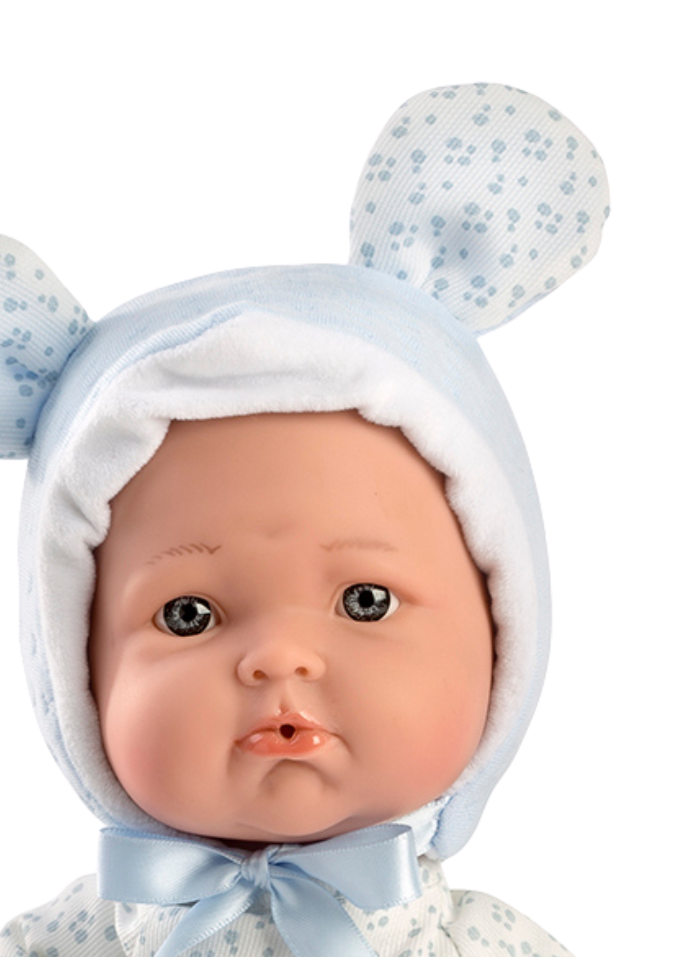 Papusa Mimi, 36 cm, Fara Par, Corp Textil cu Salopeta Alb-Bleu 938 Guca Munecas