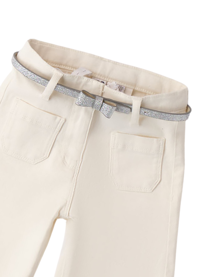 Pantaloni Lungi Crem cu Curea Argintie in Talie pentru Fetite 8353 iDO - Camera Bebelusului