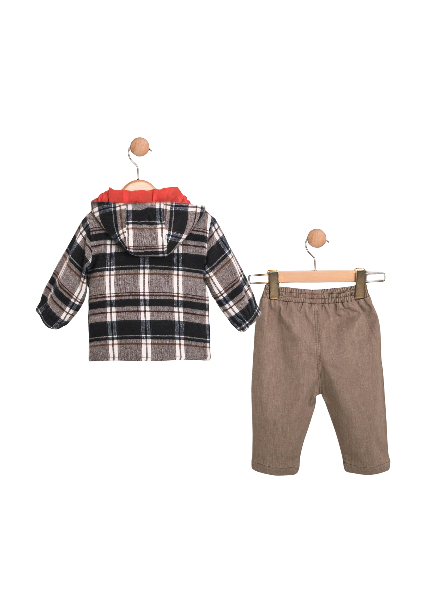 Set 3 Piese Camasa Stofa Carouri Bleumarin cu Bej, Pantaloni Lungi Bej si Bluza Crem 3744 Mino Baby