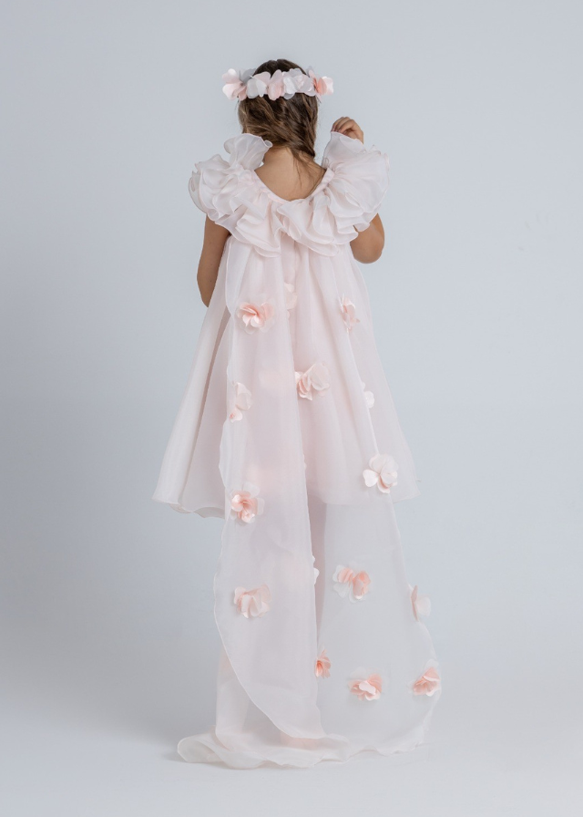 Rochie Ceremonie Organza Somon cu Trena si Volan pe Umeri 3038 Mon Princess