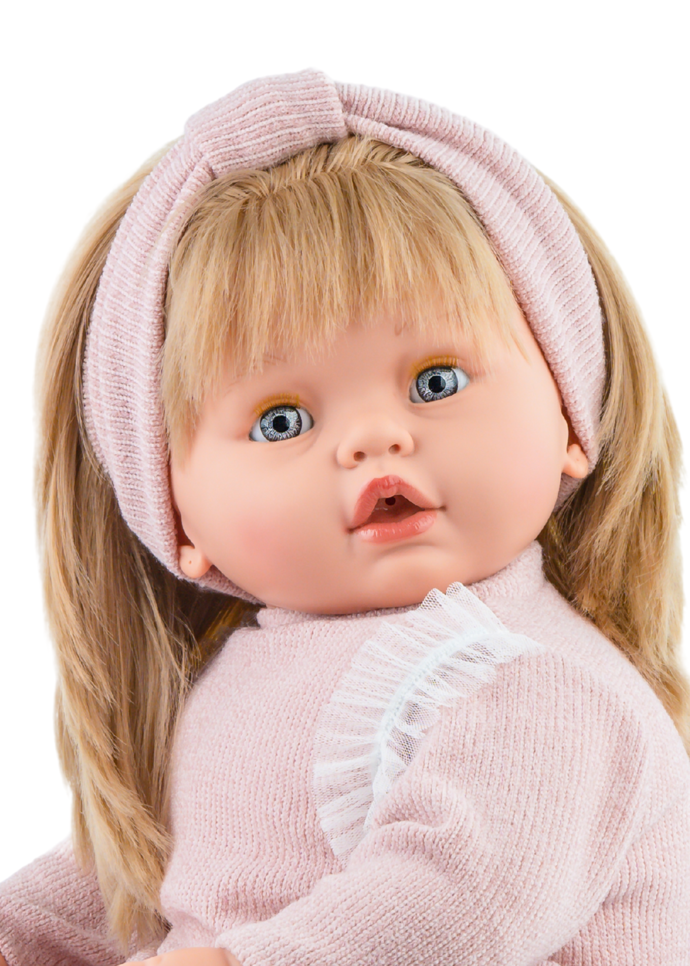 Papusa Parfumata Leonor cu Mecanism, Par Blond cu Fustita Alba cu Imprimeu Floral si Pulover Tricotat Roz 1903 – Marina&Pau