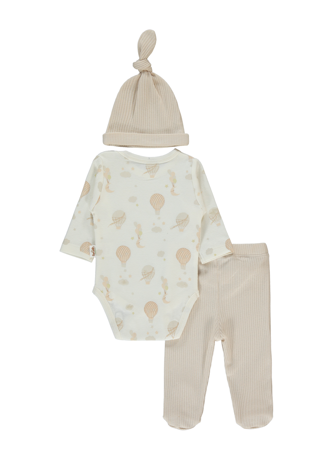 Set 3 Piese Body Crem cu Maneca Lunga Imprimeu Baloane Fes si Pantaloni Bej T4034 Bebetto