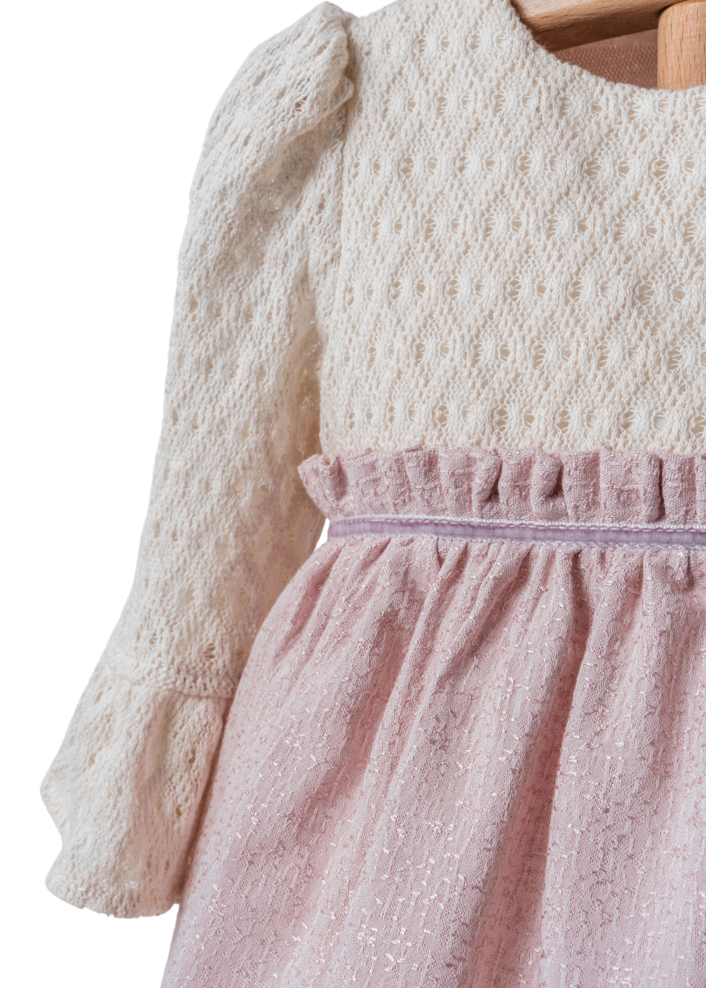 Rochie cu Mana Lunga Fusta Brocard Roz Pudra Bust Tricot Bej 4406 MyMio