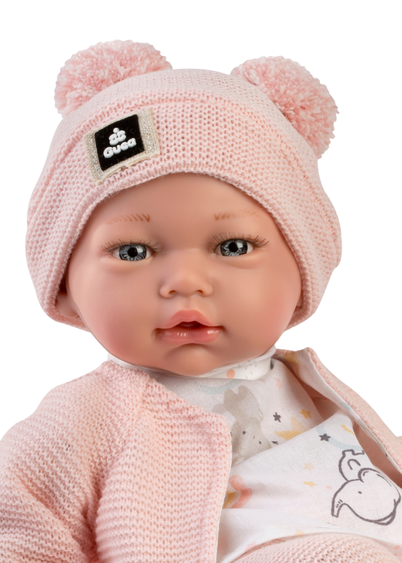 Papusa Adriana, 42 cm, Fara Par, Corp Vinil+Textil cu Rochita Alba Imprimeu Planete si Caciula Bleu 887 Guca Munecas