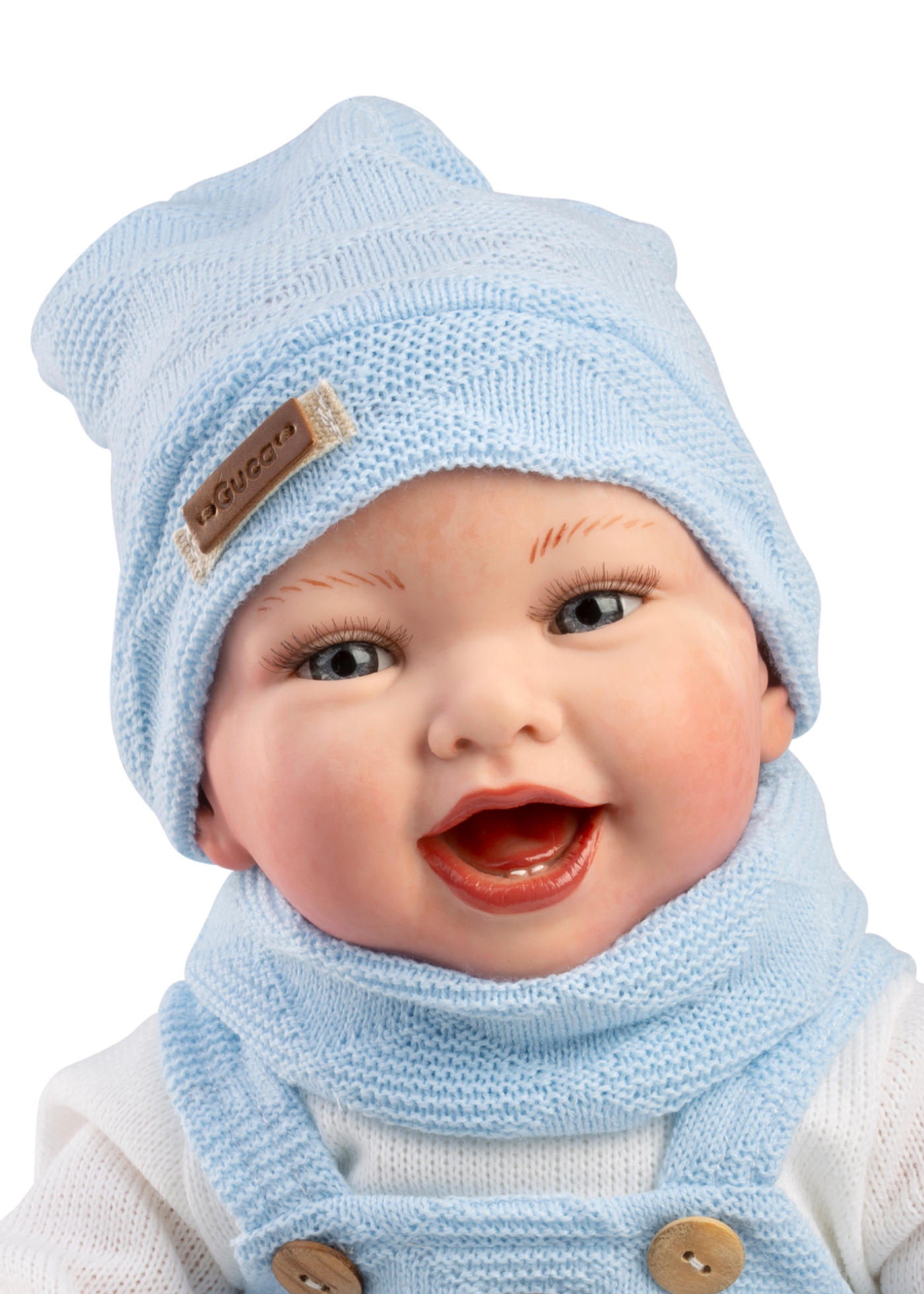 Reborn Marcos, 42 cm, Fara Par, Corp Vinil+Textil cu Salopeta, Caciula si Fular Tricotate Bleu 10281 – Guca Munecas