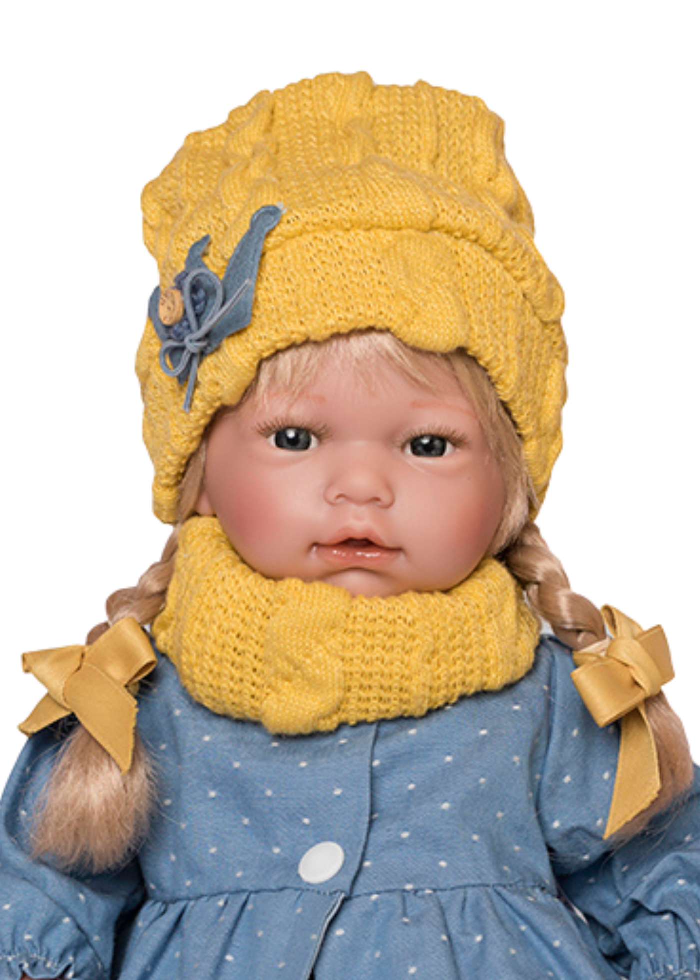 Papusa Ana, 38 cm, Par Blond, cu Mecanism, Pardesiu Albastru cu Buline Albe si Caciula si Fular Galben 910 Guca