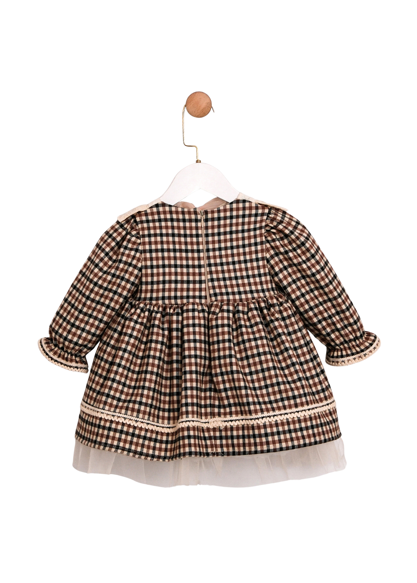 Rochie cu Maneca Lunga Carouri Maro cu Bej si Gentuta Caprioara 3734 Mino Baby