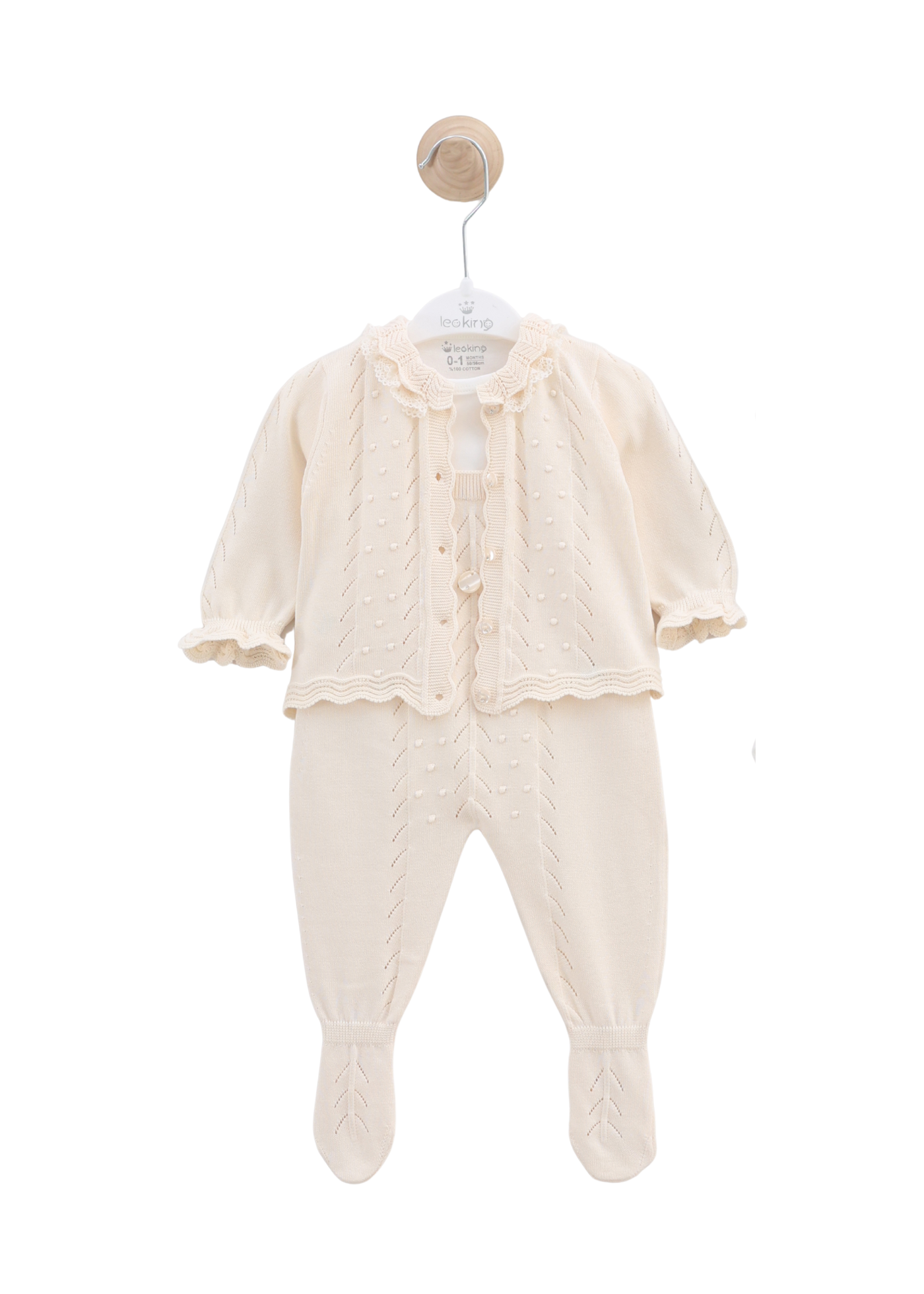 Set 3 Piese Salopeta Lunga Tricotata si Cardigan Bej Body Bumbac Alb 7446 Leo King