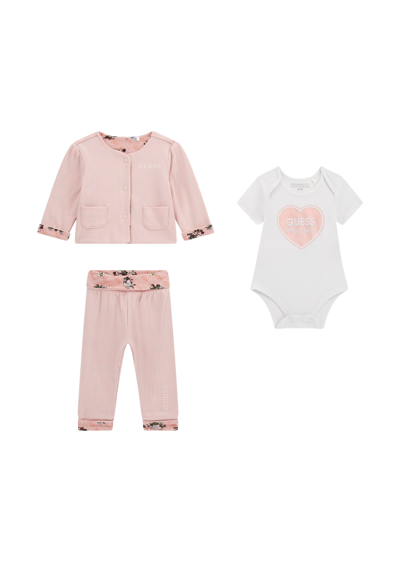 Set 3 Piese Jacheta si Pantaloni Lungi Roz si Body Alb cu Maneca Scurta S5YG04 KBZP4 G6R1 Guess