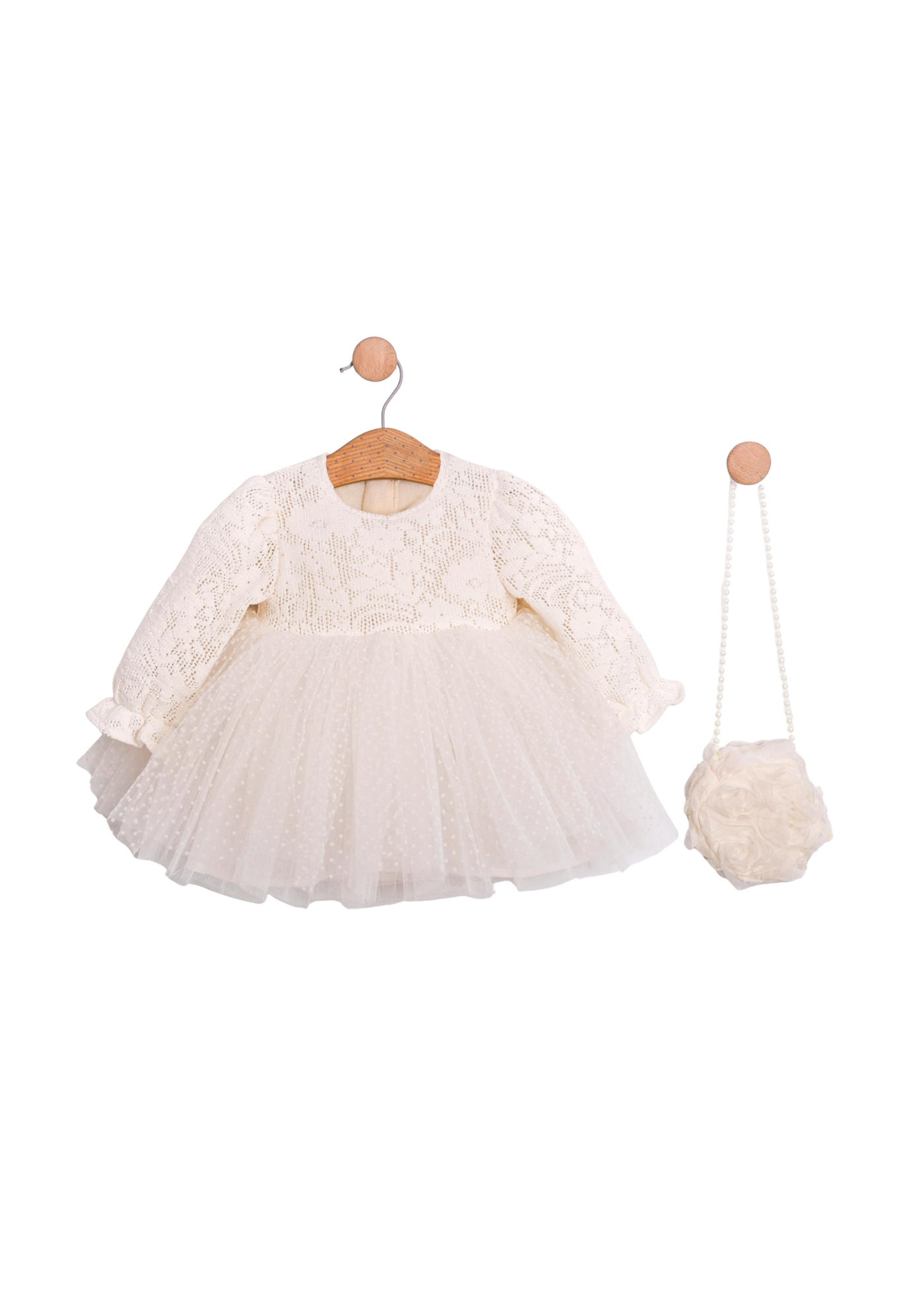 Rochie Crem cu Maneca Lunga Bust Dantela si Fusta Tulle cu Picouri cu Geanta MJ169 Mary & Joe