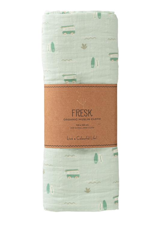 Paturica Muselina din Bumbac Organic Verde Menta cu Imprimeu Masinute 120X120 cm F110-11 Fresk