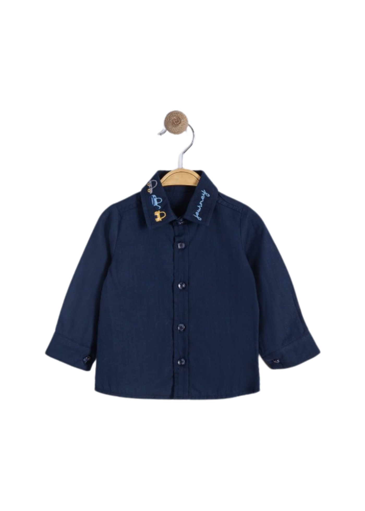 Set 3 Piese Pulover Bej cu Dungi Bleumarin si Galben Camasa si Pantaloni Lungi Bleumarin 16234 Bebsu