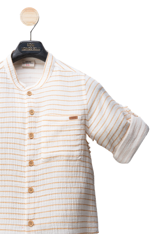 Set 2 Piese Camasa Crem cu Dungi Bej si Pantaloni Lungi Camel M54191 Midimod Gold