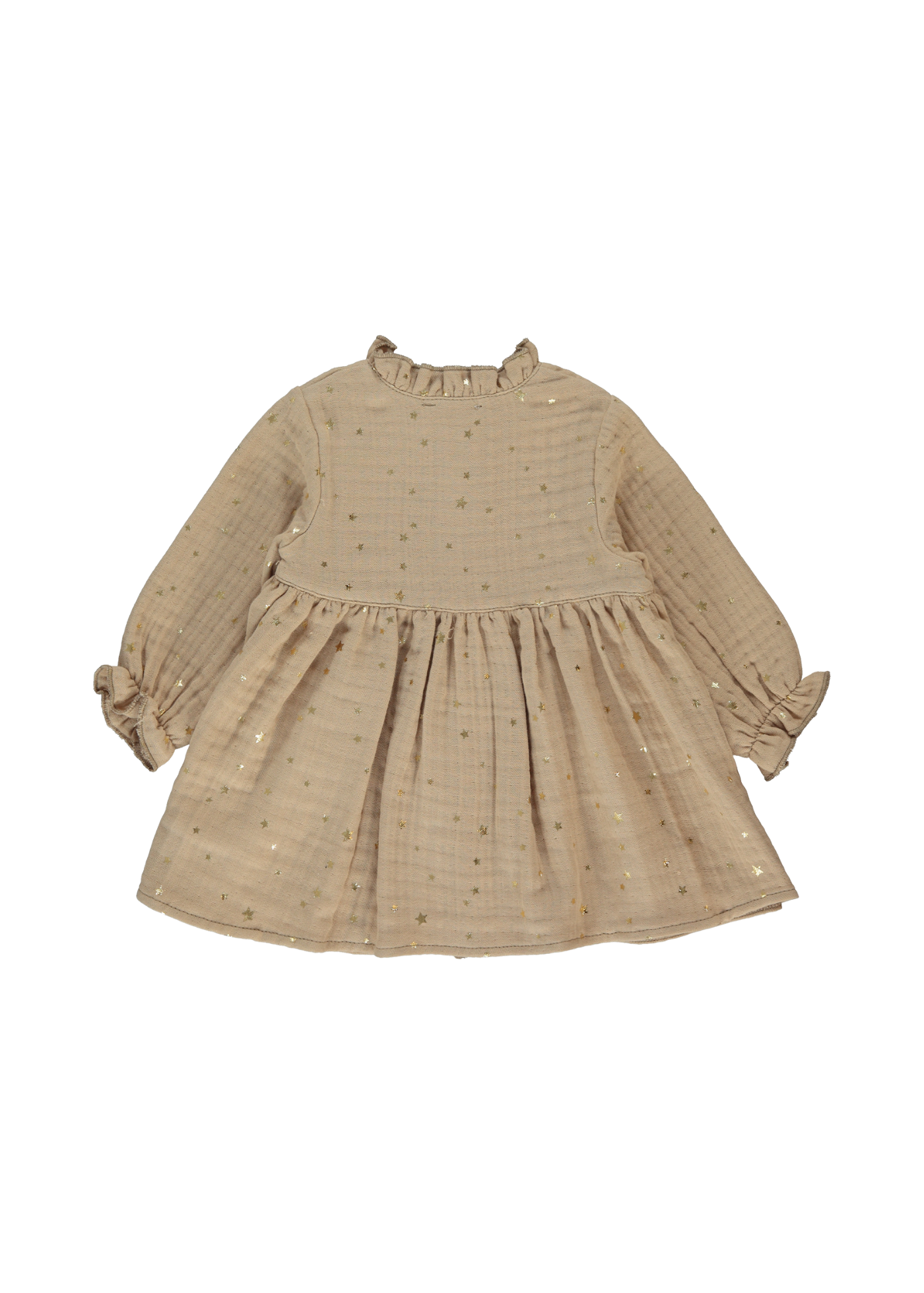 Rochie din Muselina Bej cu Maneca Lunga cu Nasturi si Stele K4897 Bebetto