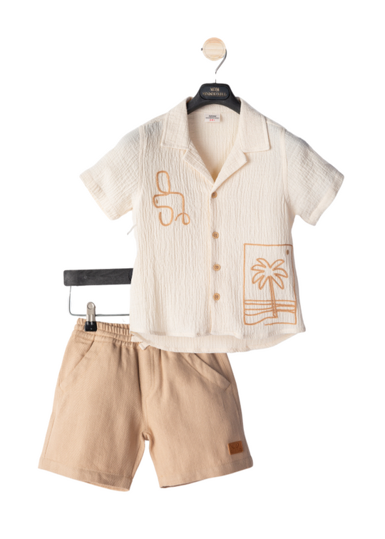 2 Piece Set Cream Muslin Shirt and Camel Shorts M54166 Midimod Gold
