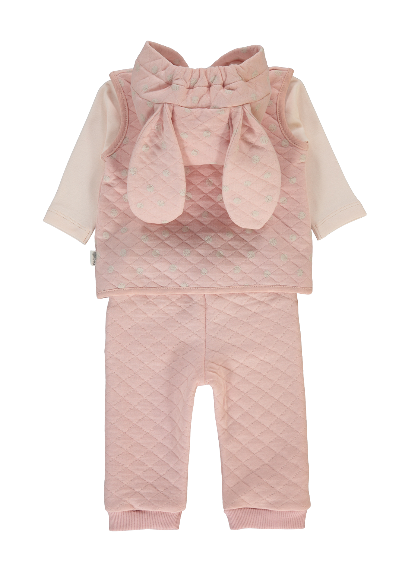 Set 3 Piese Vesta cu Gluga si Pantaloni Lungi Roz Pudra si Bluza Roz cu Maneca Lunga K5115 Bebetto