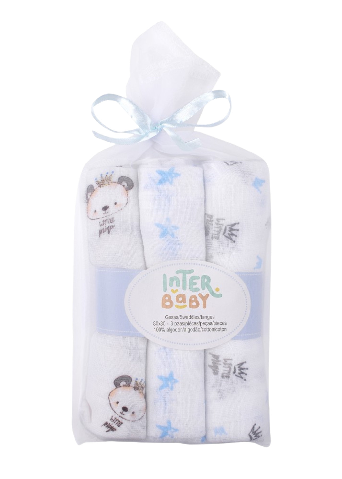 Set 3 Scutece Muselina Alb-Bleu cu Imprimeu Panda 80x80 cm 99980P-01 Interbaby