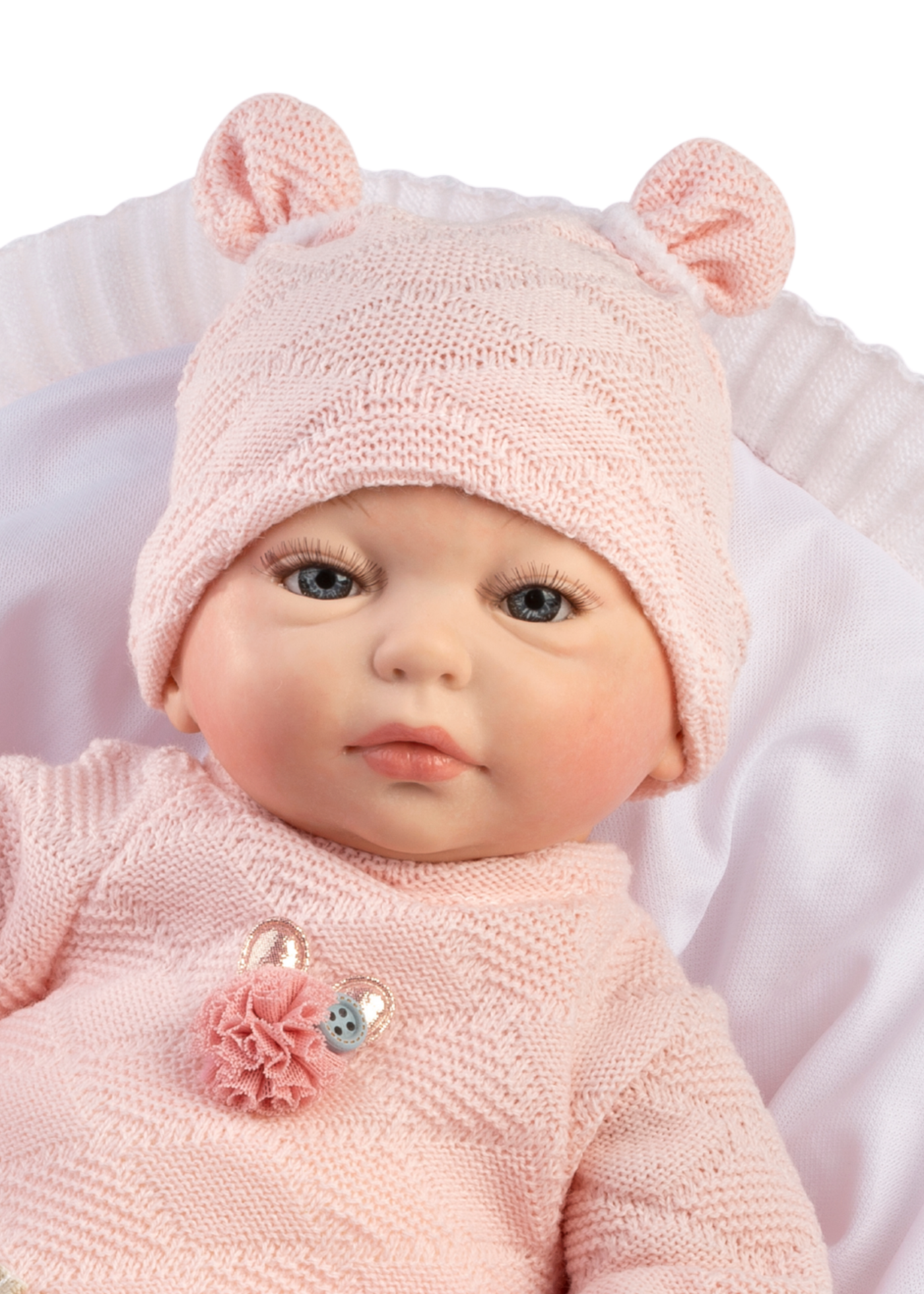 Reborn Prematur Lea, 38 cm, Fara Par, Corp Vinil+Textil cu Pantaloni Albi, Pulover Roz si o Paturica Alba cu Buline Roz 10293 Guca Munecas