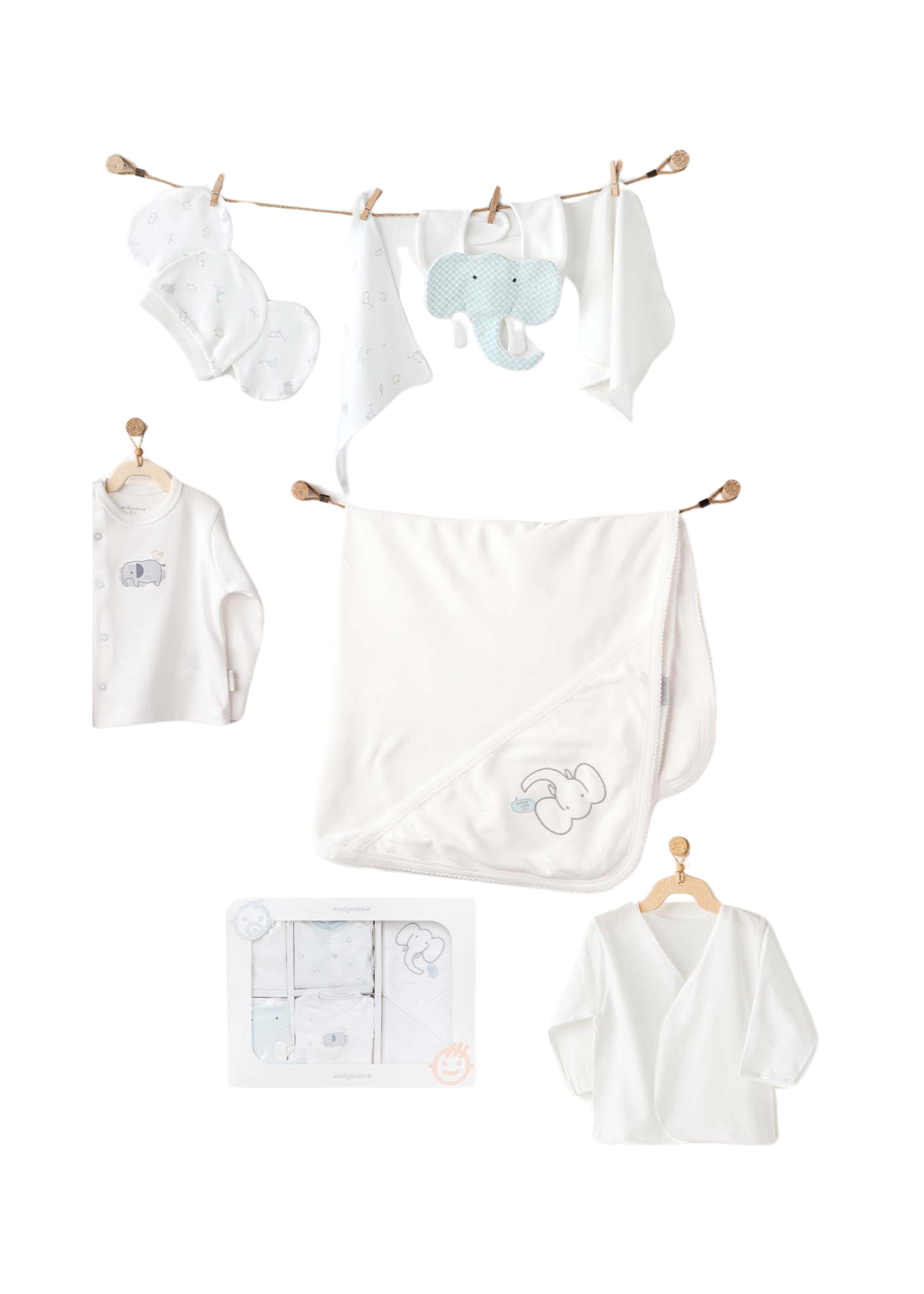 Set 10 Piese Maternitate Crem cu Elefanti din Bumbac Organic AC25941GOTS Andywawa