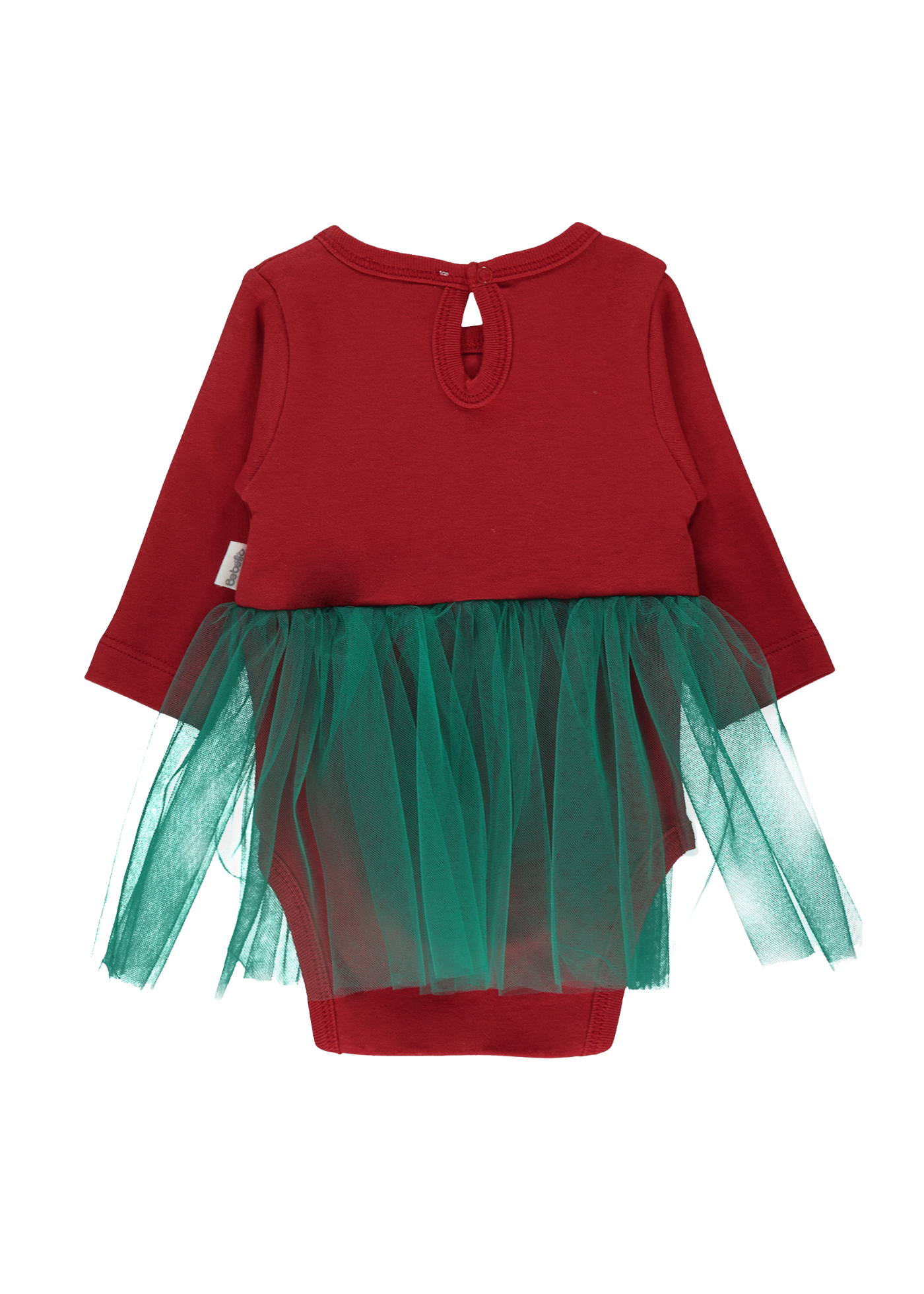 Body Rosu cu Maneca Lunga cu Volan Tulle Verde si Aplicatie Brad Craciun K4624 Bebetto