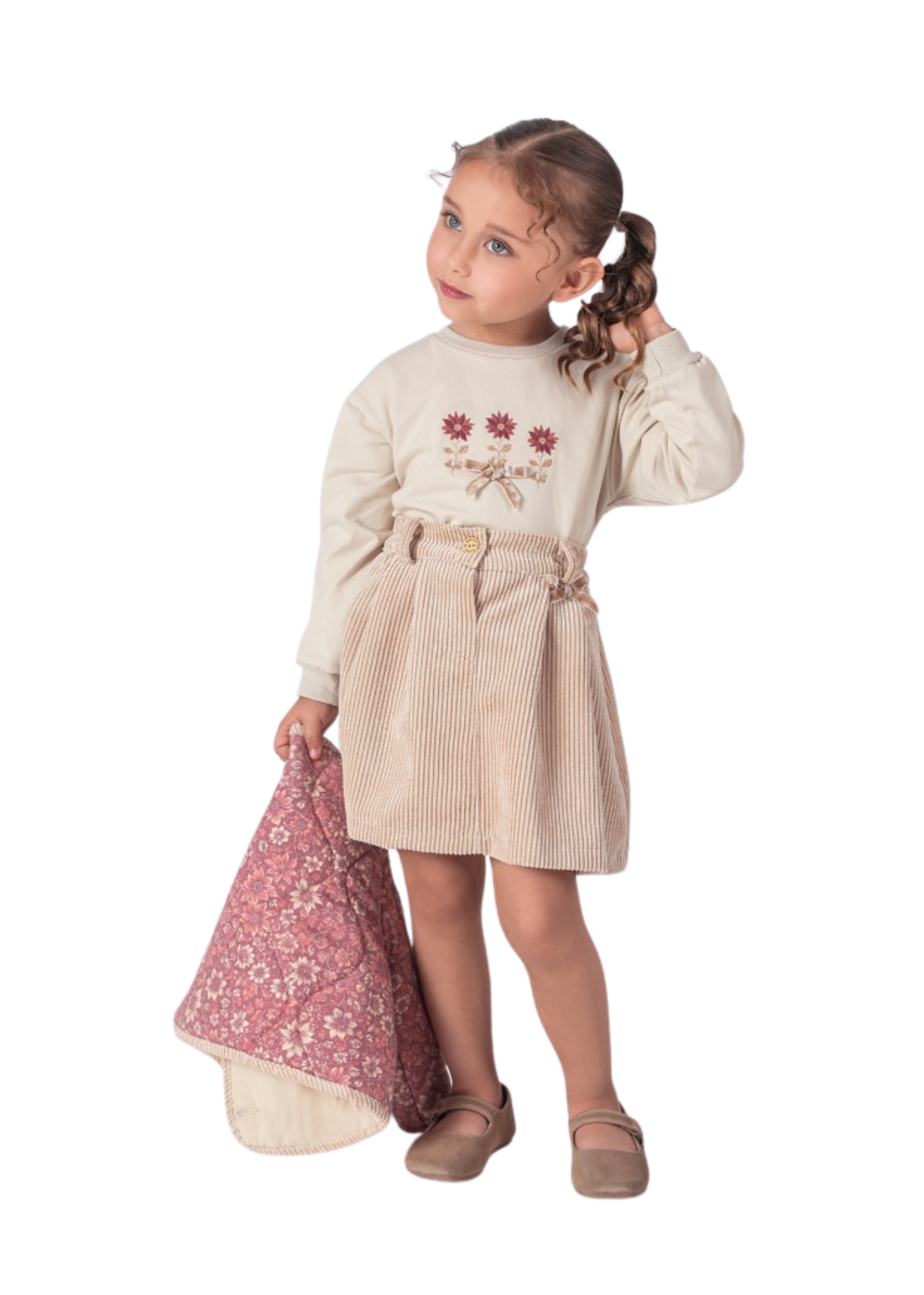 Set 3 Piese Bluza Bej Jacheta Bordo cu Imprimeu Flori si Fusta Reiat Bej 16455 Bebus