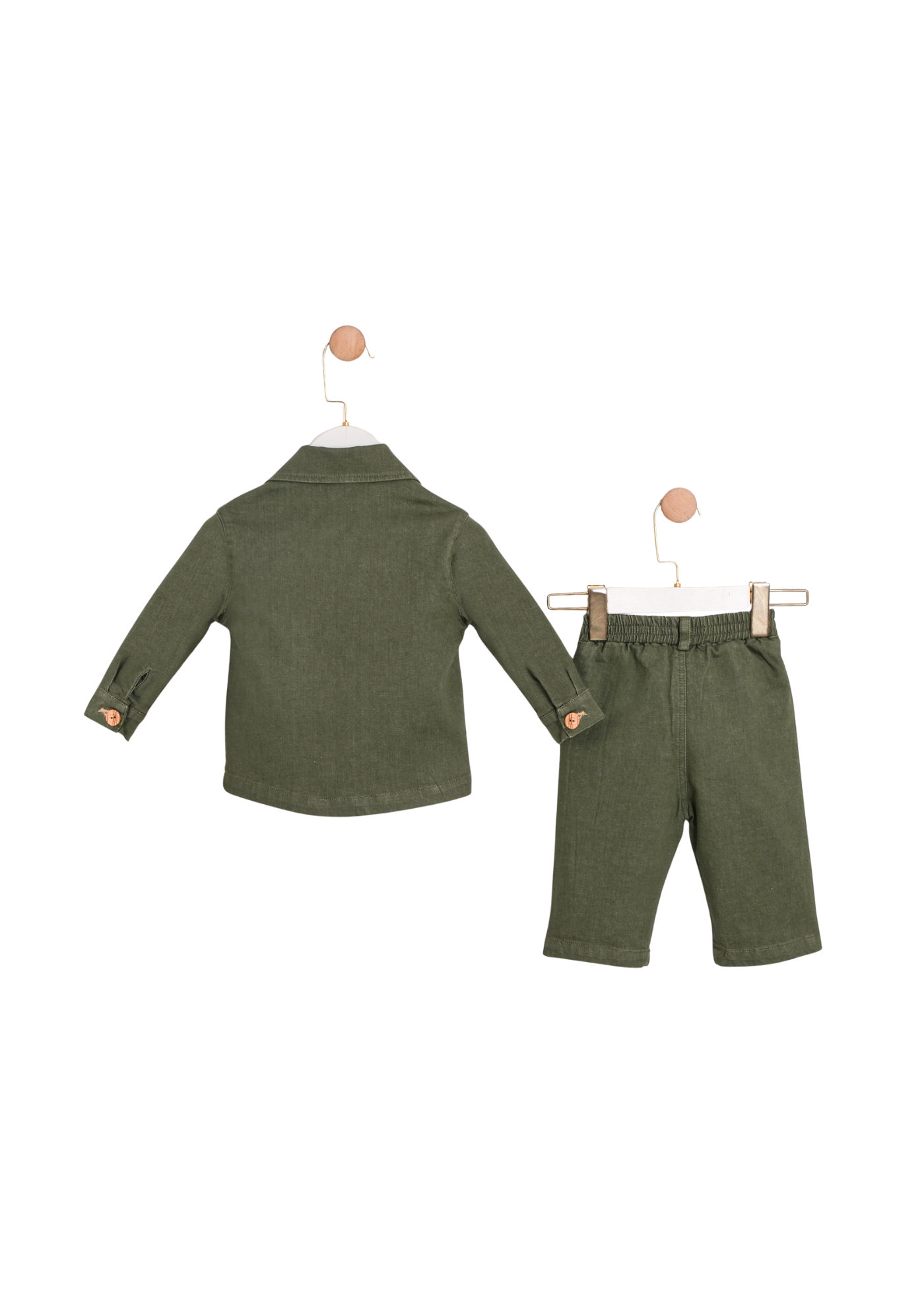 Set 3 Piese Camasa si Pantaloni Lungi Verzi si Bluza din Bumbac Crem 3759 Mino Baby