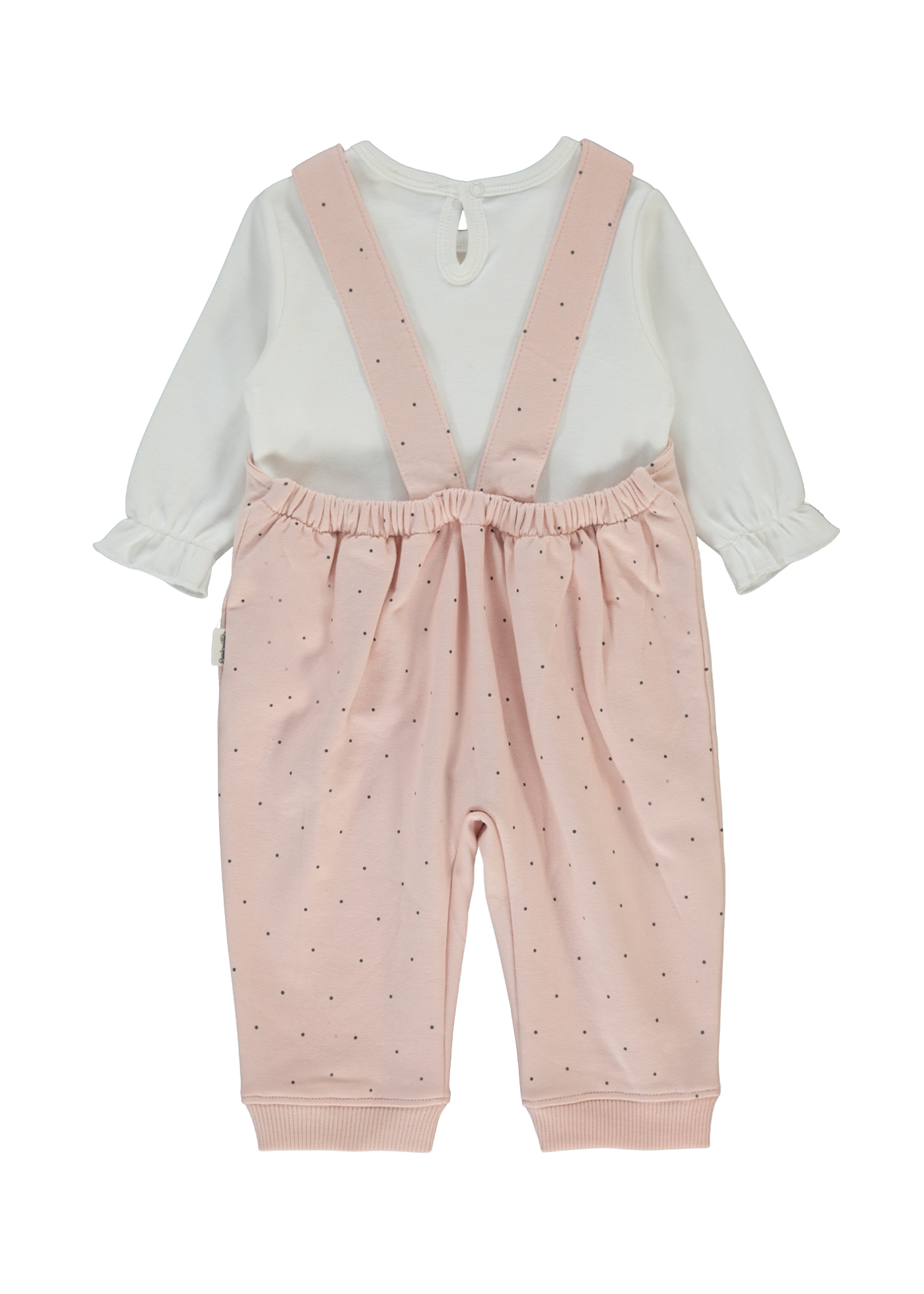 Set 2 Piese Salopeta Lunga Roz Pudra cu Picouri si Bluza Crem cu Maneca Lunga K4916 Bebetto