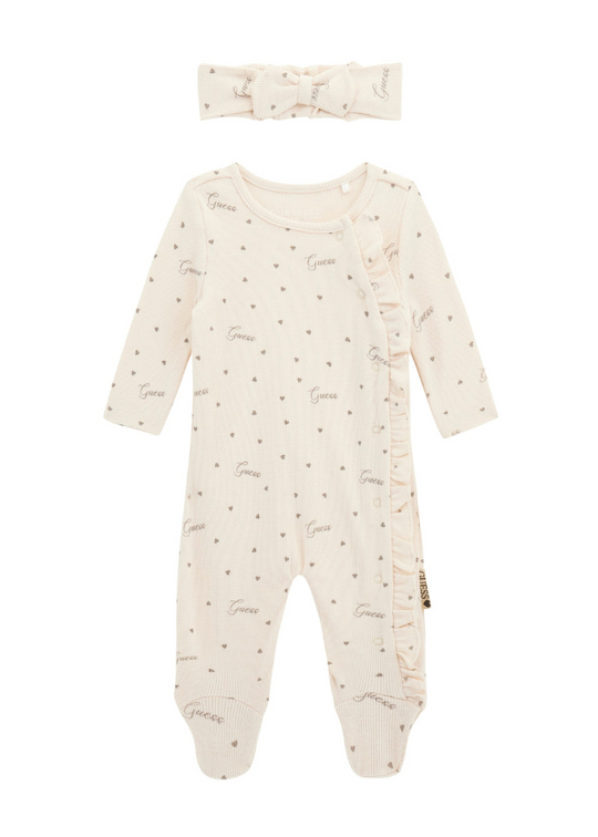 Salopeta Lunga Crem cu Imprimeu Inimi Gri cu Bentita S5YG11 KBZP4 P05D Guess