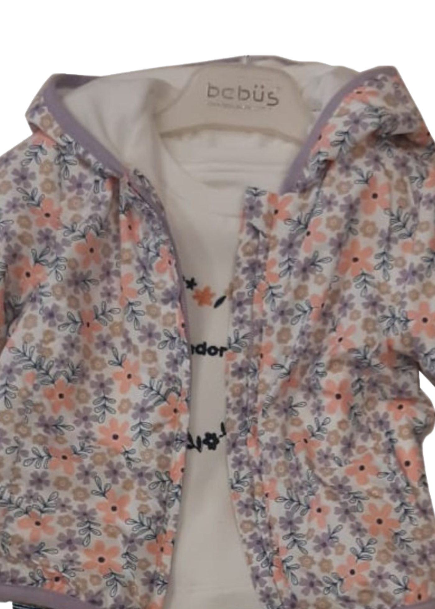 Set 3 Piese Geaca din Fas Imprimeu Flori Roz Bluza Crem si Blugi Evazati 15307 Bebus