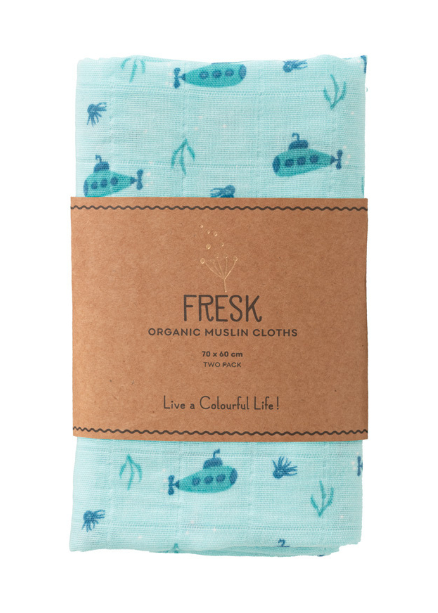 Set 2 Paturici Muselina din Bumbac Organic Turqoaz cu Imprimeu Submarine 70x60 cm F115-72 Fresk