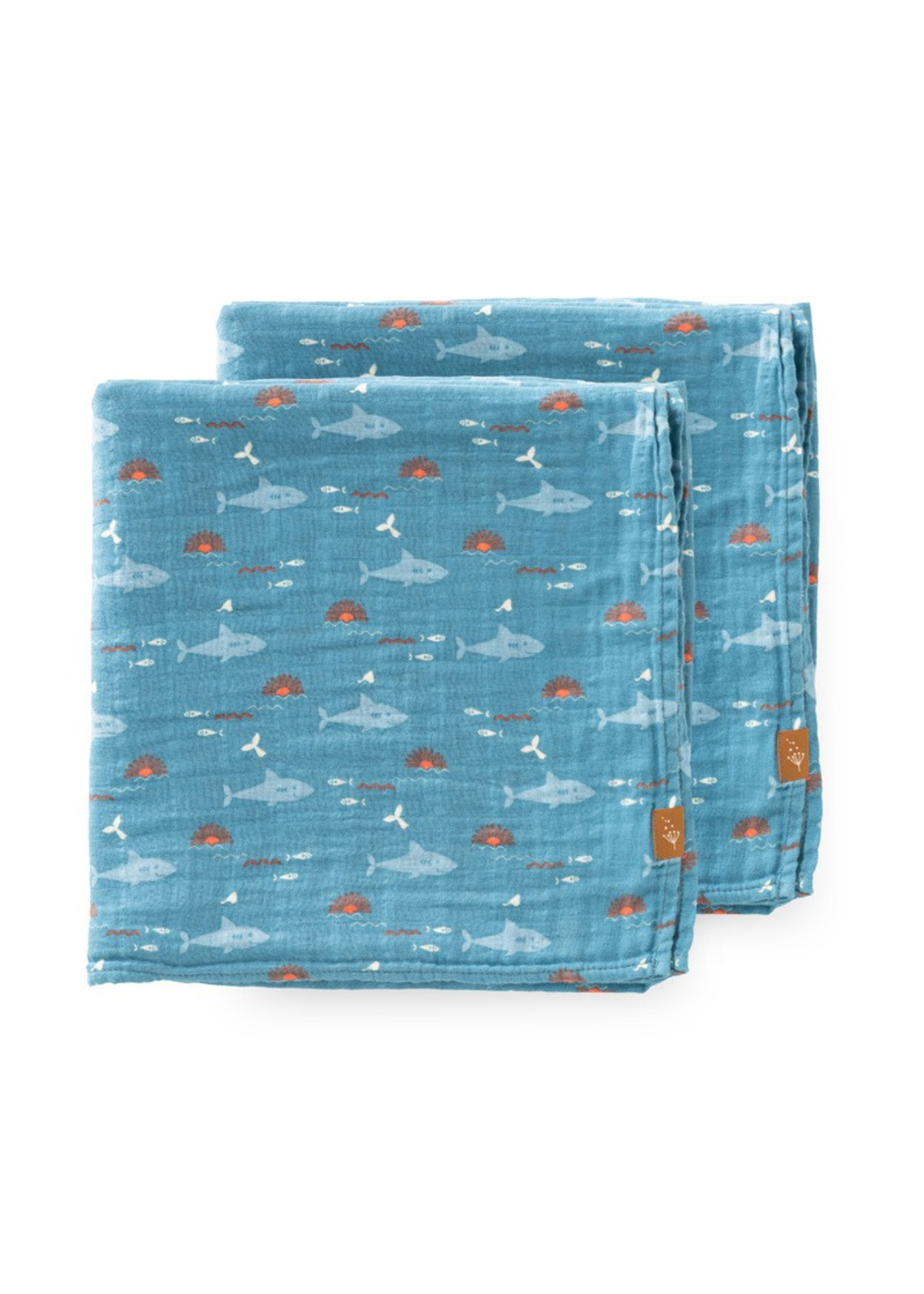 Set of 2 Muslin Blankets Navy Blue with Shark Print Made of Organic Cotton 70x60 cm F115-88 Fresk