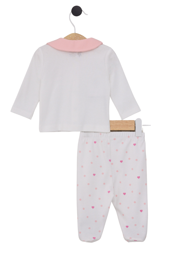 Set 3 Piese Crem cu Inimi Roz Bluza cu Guler Pantaloni si Fes USB2103 V1 Us Polo Assn