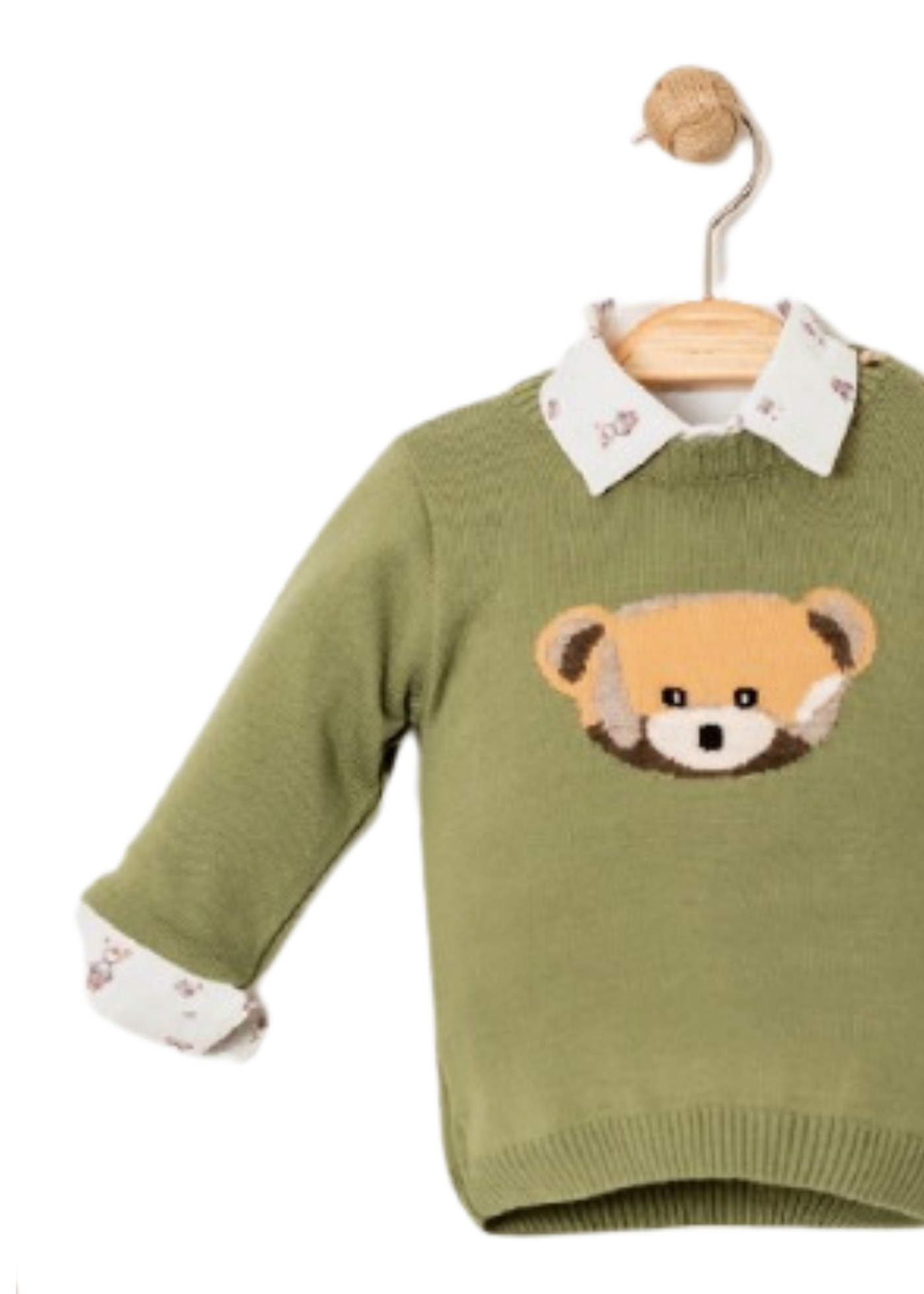 Set 3 Piese Pulover Verde cu Urs Camasa Alba Imprimeu Ursi si Pantaloni Lungi Bej 15055 Bebus