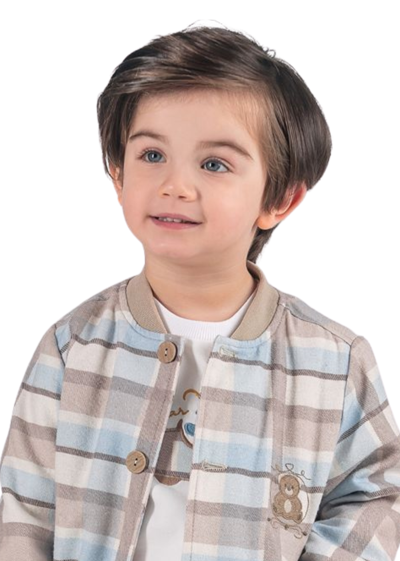 Set 3 Piese Jacheta Carouri Bej cu Bleu Bluza Crem cu Urs si Pantaloni Lungi Bej 16287 Bebus